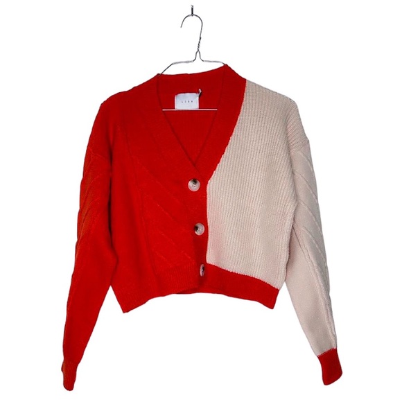 Lush Sweaters - Lush Colorblock Red and Cream Cropped Button Cardigan